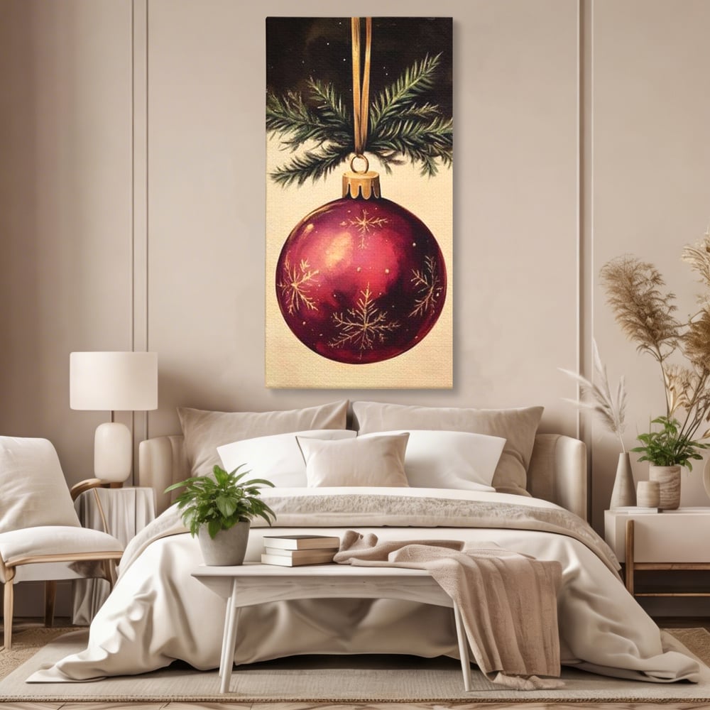 Tablou canvas cu tablou canvas cu glob de craciun visiniu, fara rama, pe sasiu de lemn, pe perete intr-un dormitor